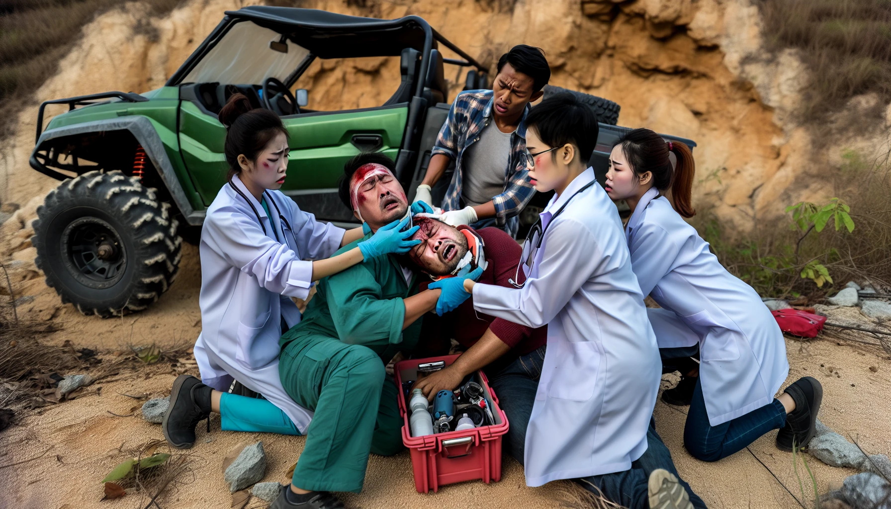 Person with head injury receiving medical attention