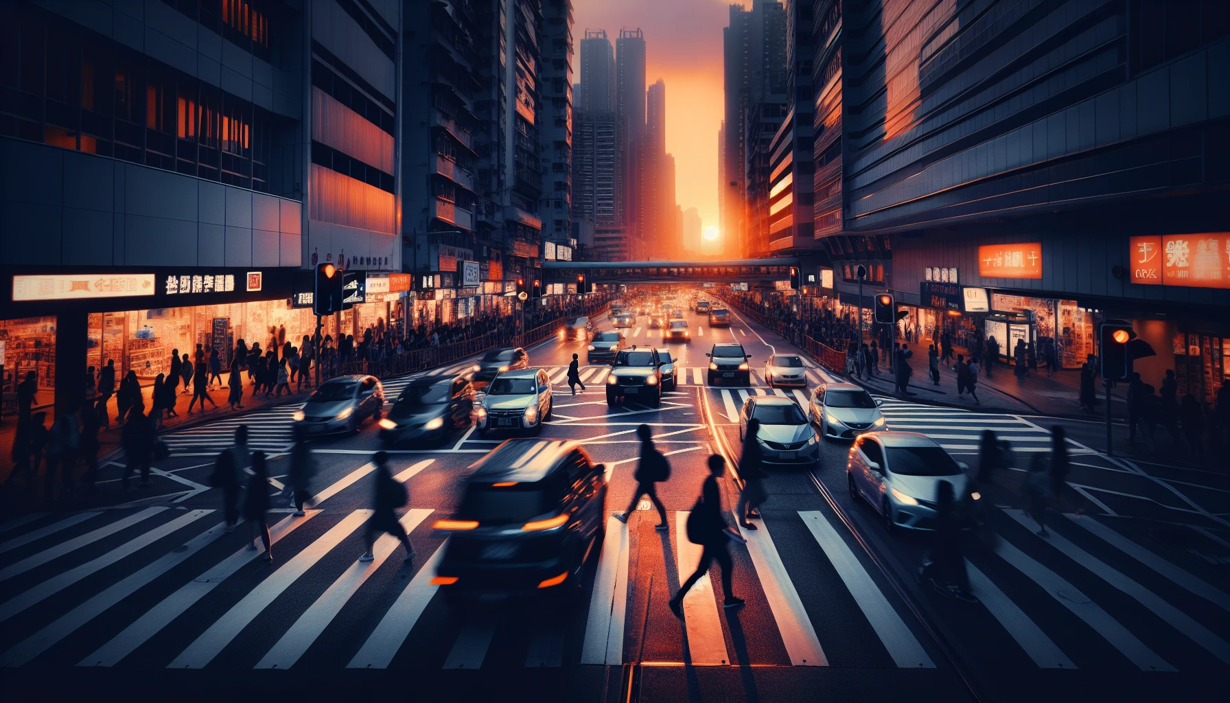 Urban street with speeding cars and pedestrians crossing