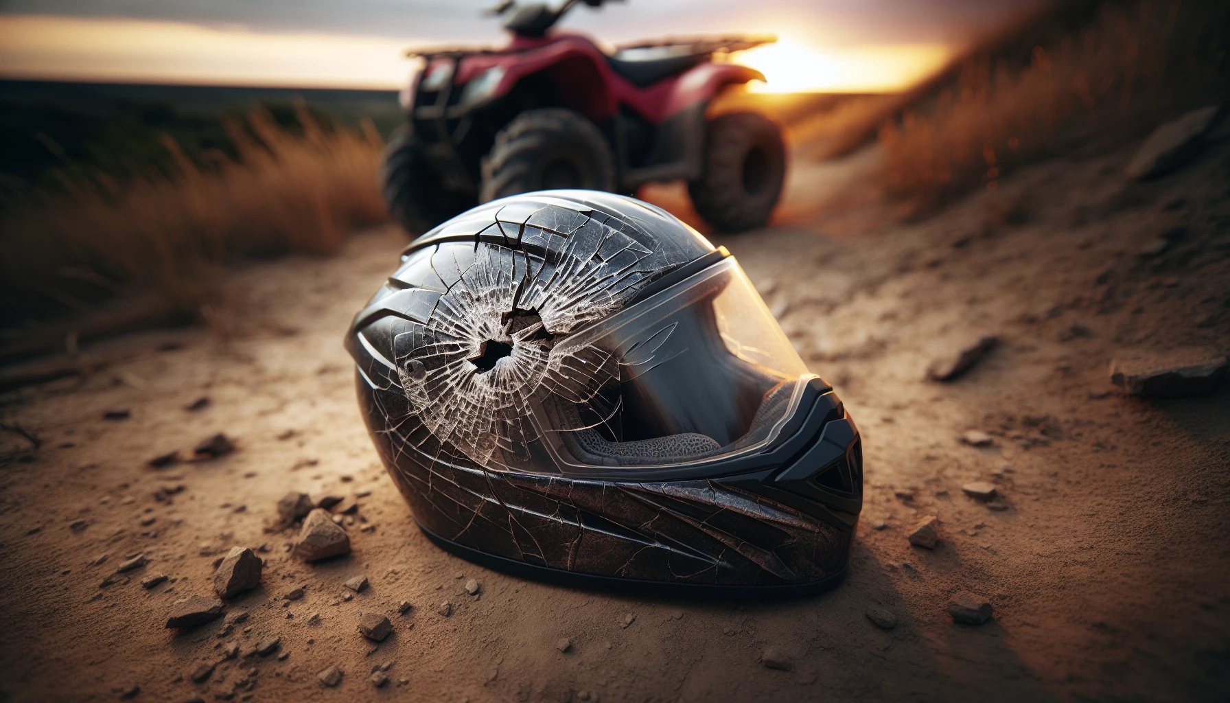 Helmet with a visible crack from an ATV accident