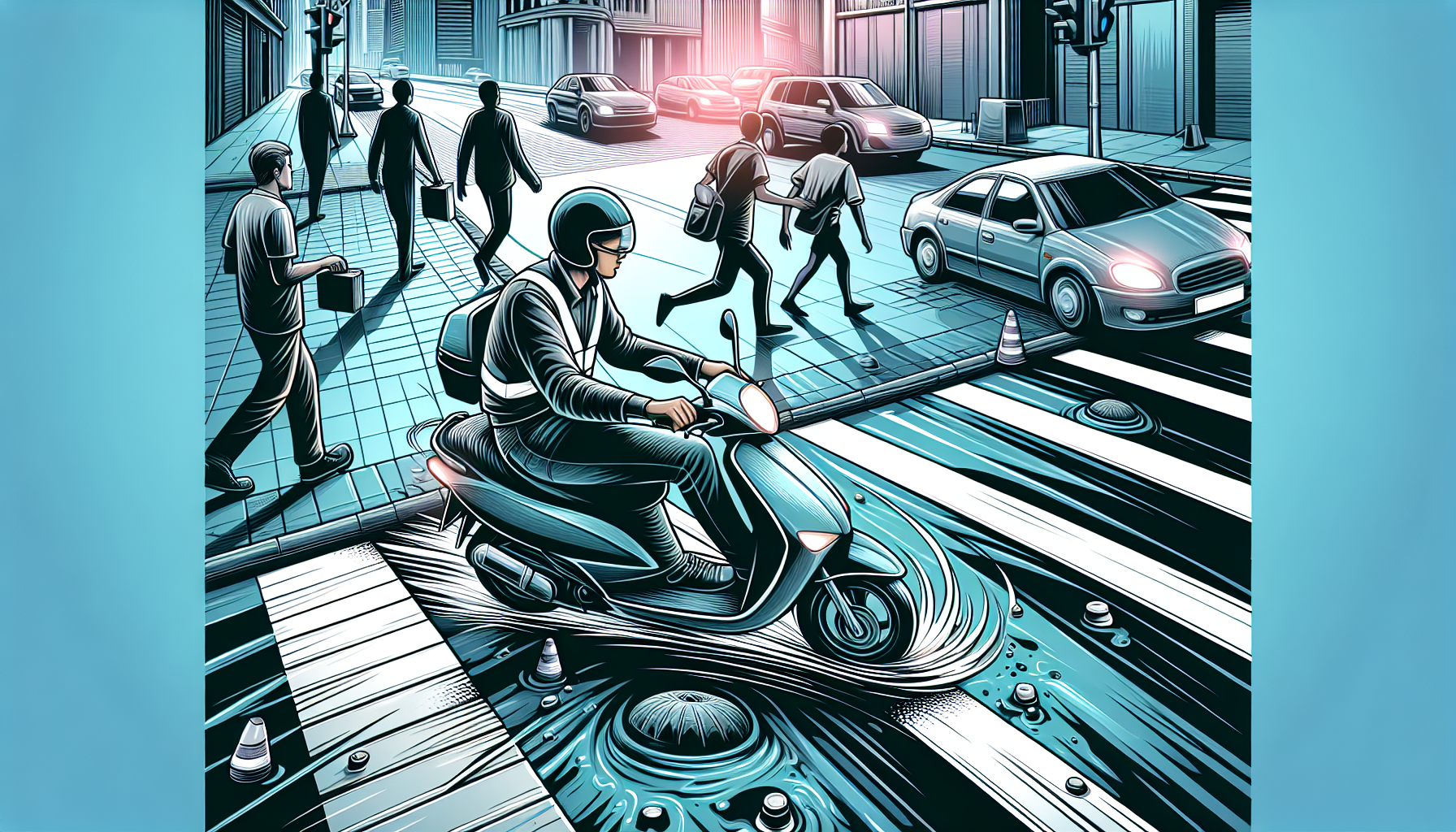 Illustration of a person riding a motor scooter